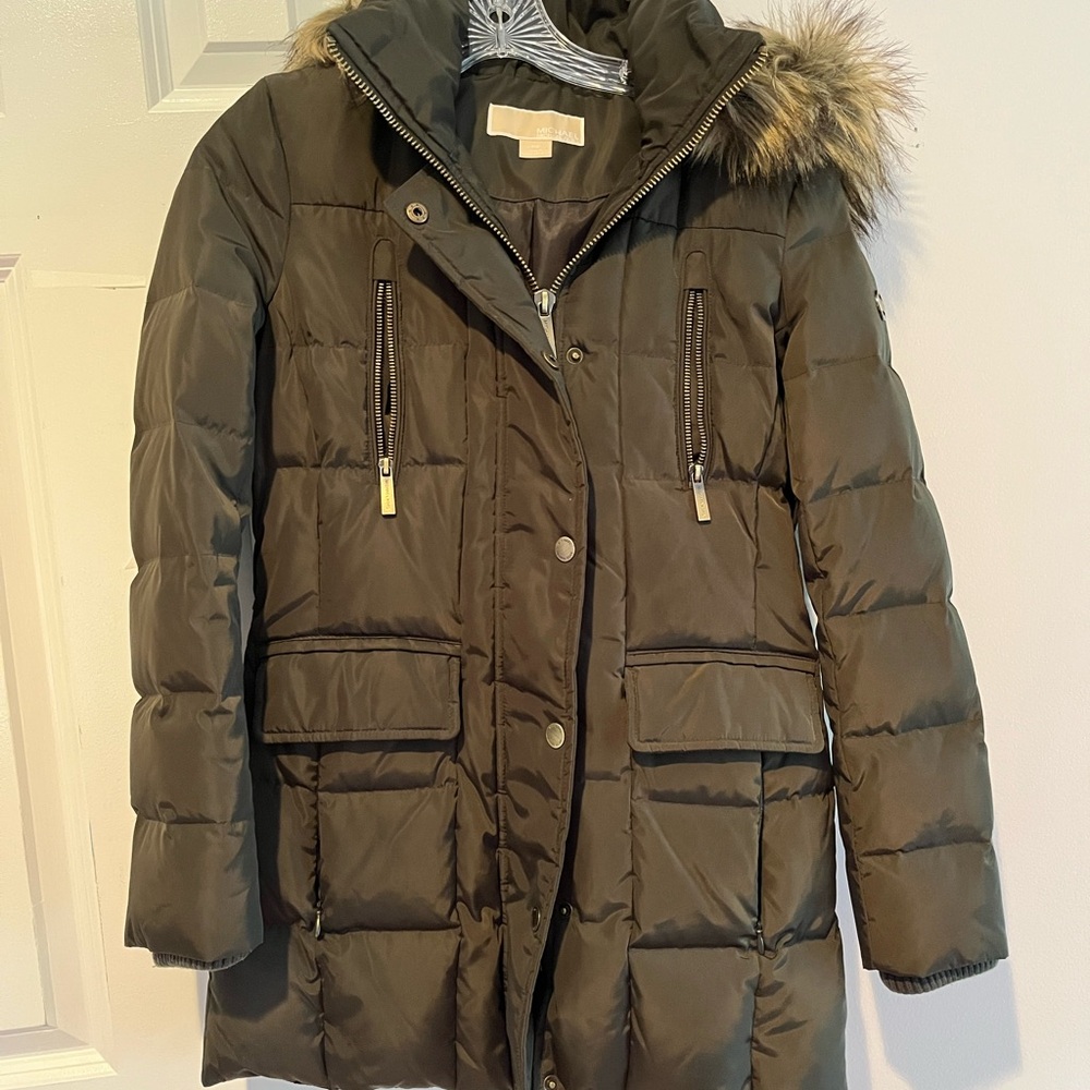 Michael Kors Olive Puffer Coat with Fur Hood